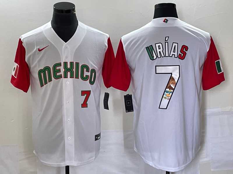 Mens Mexico Baseball #7 Julio Urias Number 2023 White Red World Classic Stitched Jersey10